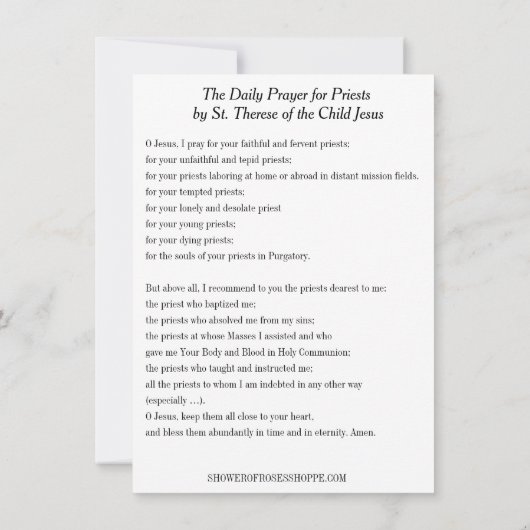 Dagelijks gebed voor priesters - St. Therese Kaart (Achterkant)