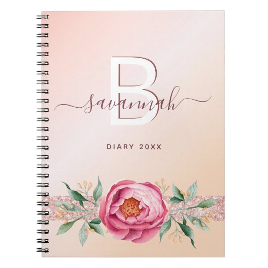Dagelijks monogram roos goudroze glitter modern notitieboek (Voorkant)