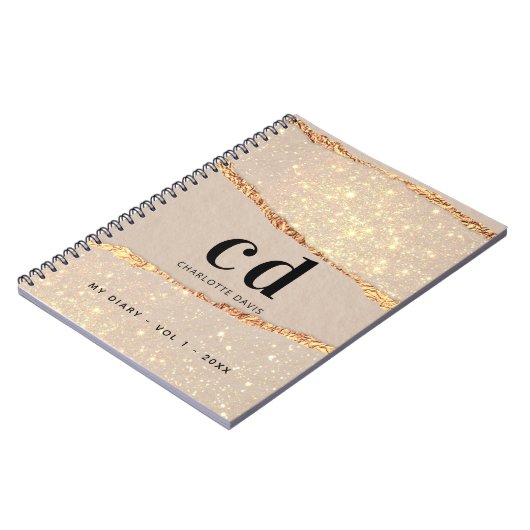 Dagelijks roos goud glitter agate marmer monogram notitieboek (Linkerzijde)