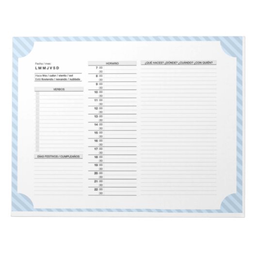Dagelijks schema in het Spaans met werkwijzen Notitieblok (Voorkant)