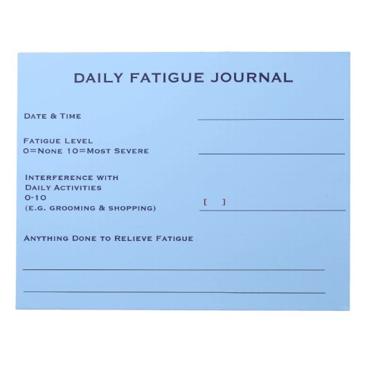 Dagelijks vermoeidheidsjournaal (hemelsblauw) notitieblok (Voorkant)