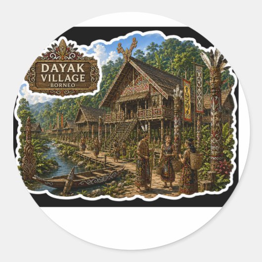 DAGELIJKSE DAYAK DORP BORNEO STAM CULTUUR STICKER (Voorkant)