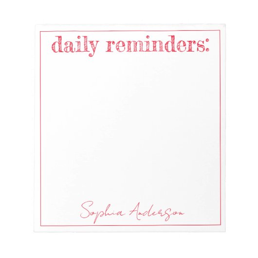 Dagelijkse herinneringen eenvoudig aangepast rood notitieblok (Voorkant)