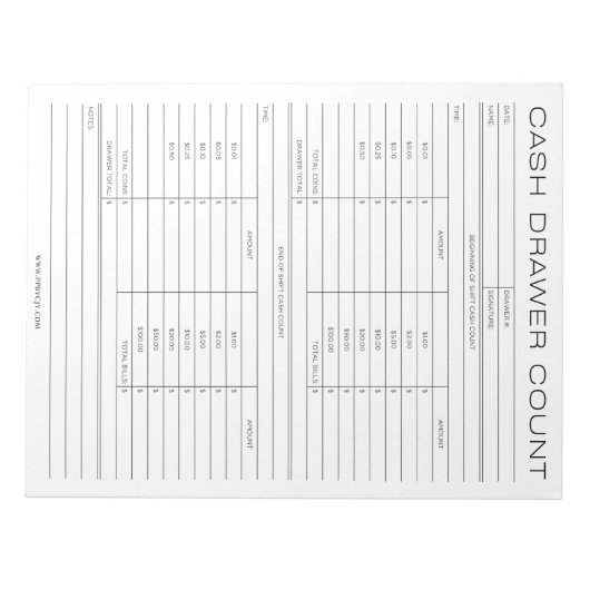 Dagelijkse kaslade telschema notitieblok (Voorkant)