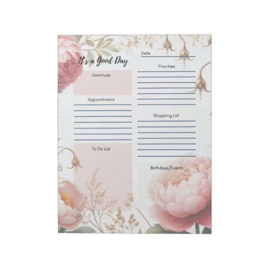 Dagelijkse planner pioenrozen bloemenrand  notitieblok (Linkerzijde)