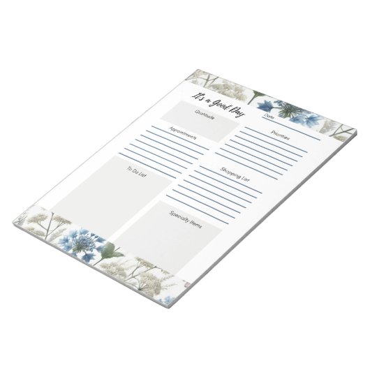 Dagelijkse planner taupe blauwe bloem notitieblok (Schuin)