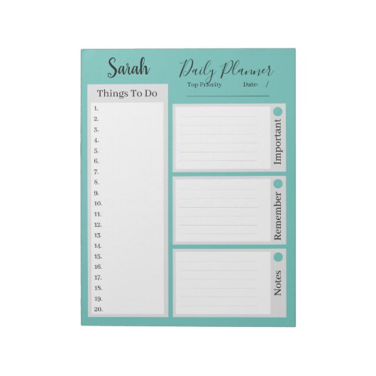 Dagelijkse plannerherinneringen blauwgroen weergev notitieblok (Linkerzijde)