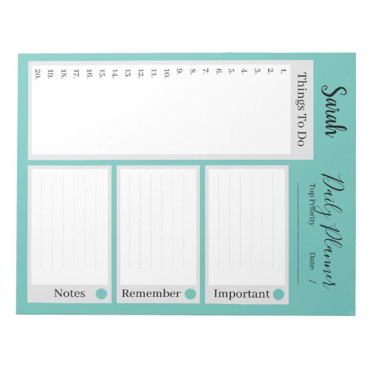 Dagelijkse plannerherinneringen blauwgroen weergev notitieblok (Voorkant)