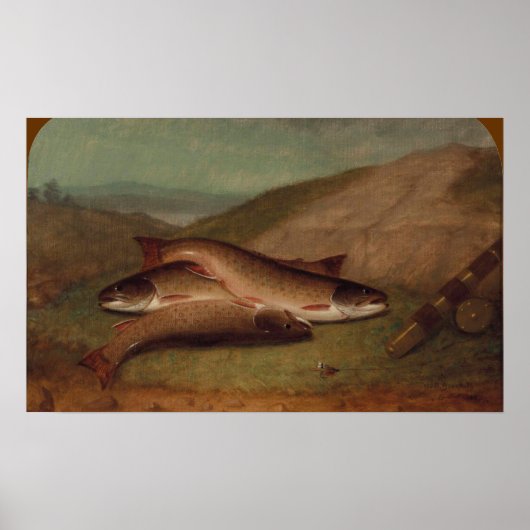 Dagelijkse vangst forel op een rivieroever poster (Voorkant)