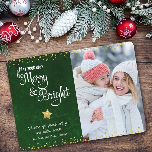 Dagen Be Merry Bright Custom Photo Gold Star Green Feestdagenkaart