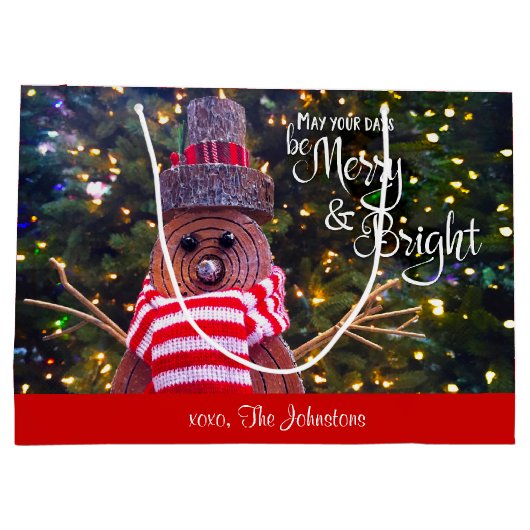 Dagen Be Merry Bright Rustic Snowman Aangepaste na Groot Cadeauzakje (Achterkant)