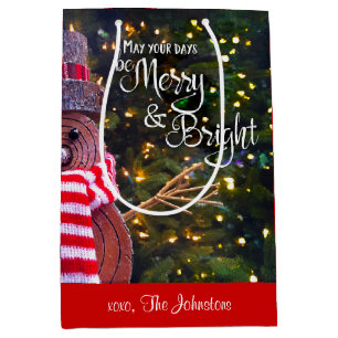 Dagen Be Merry Bright Rustic Snowman Aangepaste na Medium Cadeauzakje