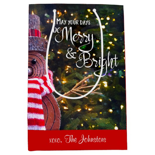 Dagen Be Merry Bright Rustic Snowman Aangepaste na Medium Cadeauzakje (Voorkant)