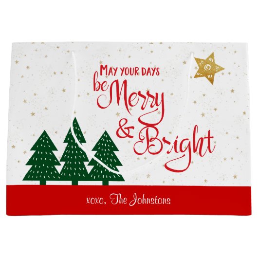 Dagen Be Merry Helder Rood Script Bomen Gouden Ste Groot Cadeauzakje (Voorkant)