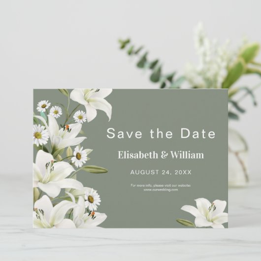 Dagen en witte gelilies save the date (Staand voorkant)
