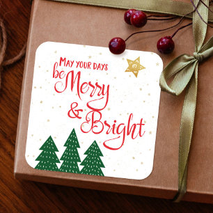 Dagen Merry Bright Quote Bomen Gouden Ster Schrift Vierkante Sticker