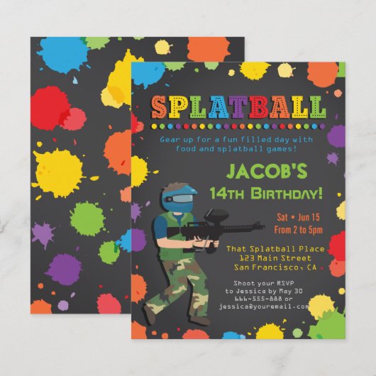 Dagen van de Colorful Splatball Party Kaart (Voorkant / Achterkant)