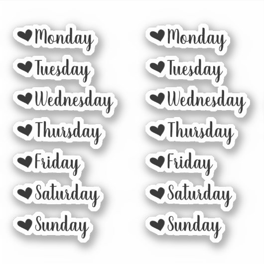 Dagen van de Week Black Heart Planner Stickers (Voorkant)