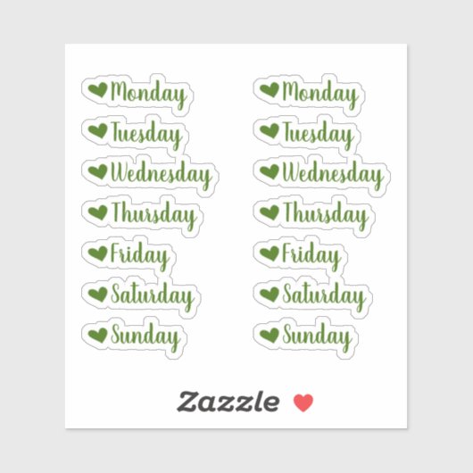 Dagen van de Week Green Heart Planner Stickers (Vel)