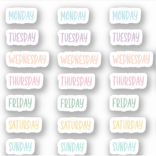 Dagen van de Week Kleurrijke Pastel Leuk Handschri Sticker (Voorkant)