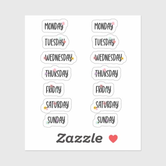 Dagen van de Week Leuk Bloemen Zwart Handschrift Sticker (Vel)
