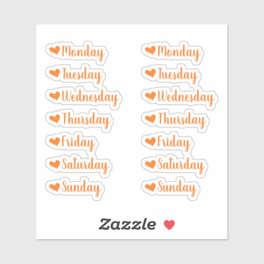 Dagen van de Week Oranje Heart Planner Stickers (Vel)