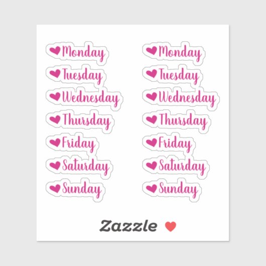 Dagen van de Week Pink Heart Planner Stickers (Vel)