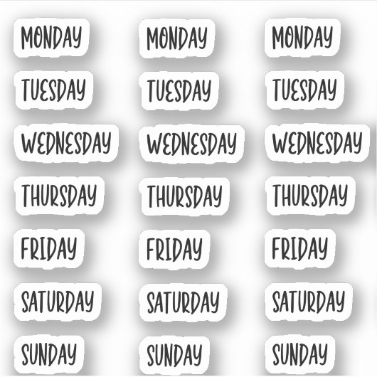 Dagen van de Week Zwart Leuk Handschrift Sticker (Voorkant)