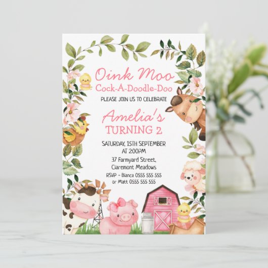 Dagen van jonge meisjes Roze Barn Farm Animals Fol Kaart (Staand voorkant)