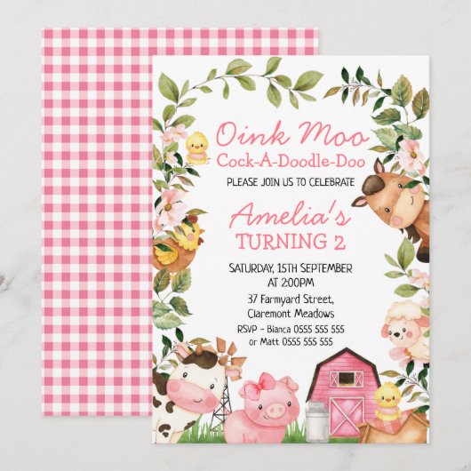 Dagen van jonge meisjes Roze Barn Farm Animals Fol Kaart (Voorkant / Achterkant)