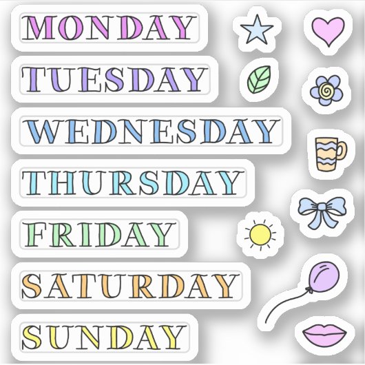 Dagen van Week en Doodles Custom Cut Stickers 3x3" (Voorkant)