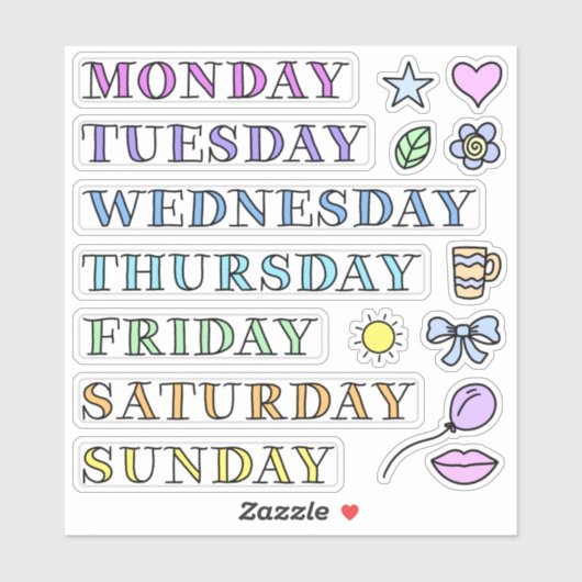 Dagen van Week en Doodles Custom Cut Stickers 6x6" (Vel)