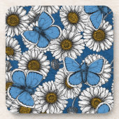 Dagen, witte wilde bloemen en blauwe vlinders bier onderzetter (Voorkant)