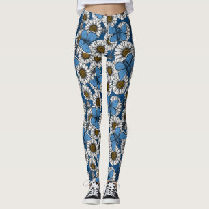 Dagen, witte wilde bloemen en blauwe vlinders leggings
