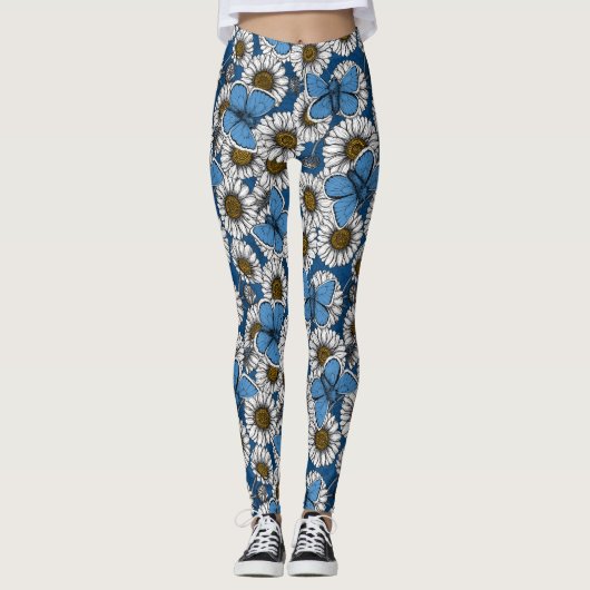 Dagen, witte wilde bloemen en blauwe vlinders leggings (Voorkant)