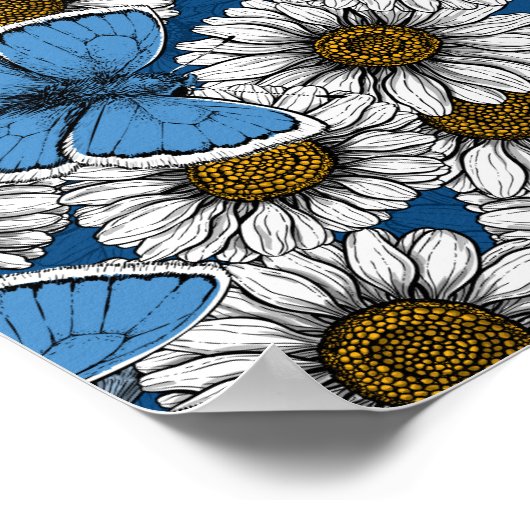 Dagen, witte wilde bloemen en blauwe vlinders poster (Hoek)