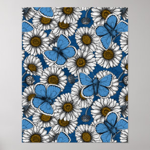 Dagen, witte wilde bloemen en blauwe vlinders poster