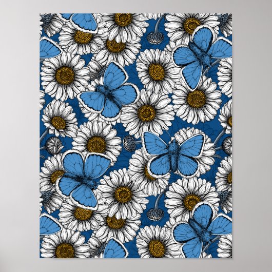 Dagen, witte wilde bloemen en blauwe vlinders poster (Voorkant)
