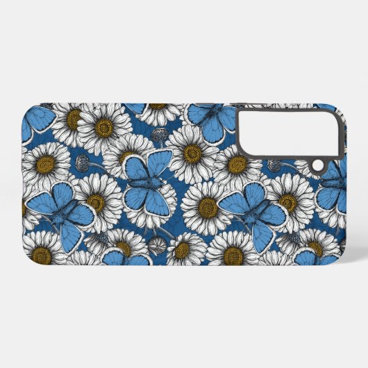 Dagen, witte wilde bloemen en blauwe vlinders samsung galaxy hoesje (Achterkant horizontaal)