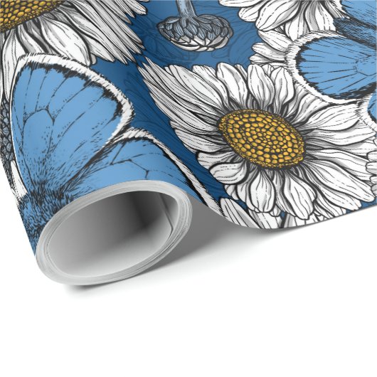 Dagen, witte wilde bloemen en blauwe vlinders w cadeaupapier (Rol Hoek)