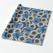 Dagen, witte wilde bloemen en blauwe vlinders w cadeaupapier (Uitgerold)