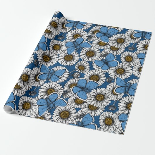 Dagen, witte wilde bloemen en blauwe vlinders w cadeaupapier (Uitgerold)