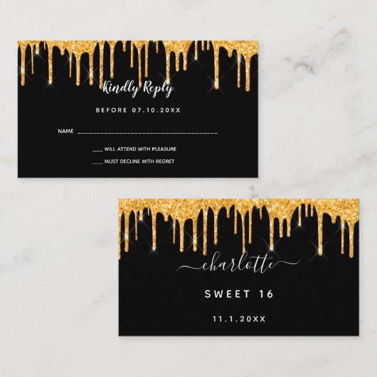 Dagen zwarte goudglitter-drift RSVP Informatiekaartje (Voorkant / Achterkant)