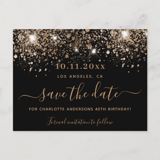Dagen zwarte goudglitter sparkles save the date aankondigingskaart (Voorkant)