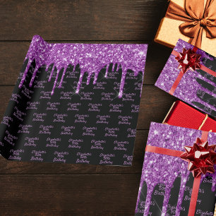 Dagen zwarte paarse glitter druppelt op naam glazu cadeaupapier
