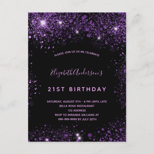 Dagen zwarte paarse glitterstof glamoureus uitnodiging briefkaart (Voorkant)