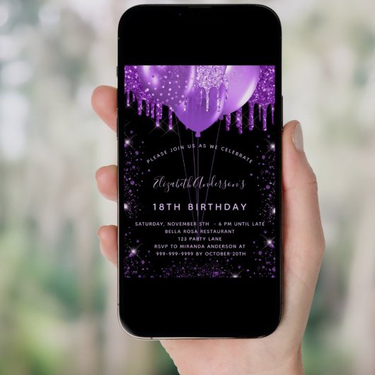 Dagen zwarte paarse glitterstofballonnen kaart