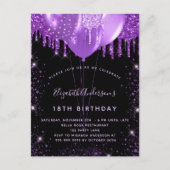 Dagen zwarte paarse glitterstofballonnen uitnodiging briefkaart (Voorkant)