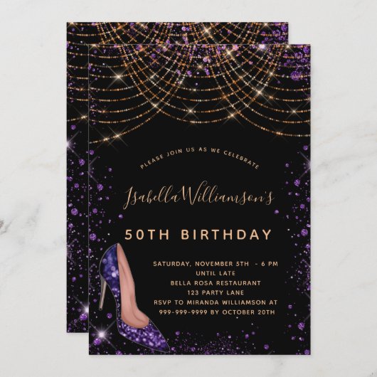 Dagen zwarte paarse goudglitsstof kaart (Voorkant / Achterkant)