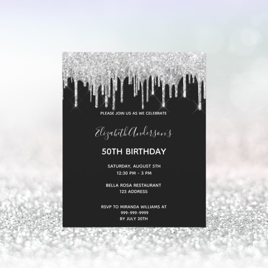 Dagen zwarte zilverglitter drift uitnodiging